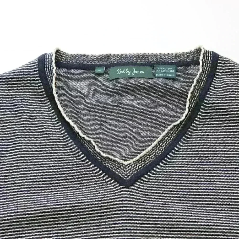 Bobby Jones Men's Medium Cashmere Blend Black White Striped V-Neck Sweater
